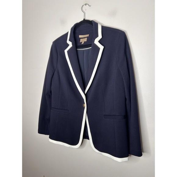 Talbots Italian Knit Long Sleeve Navy White Buttons Blazer Size 12P - Picture 2 of 8